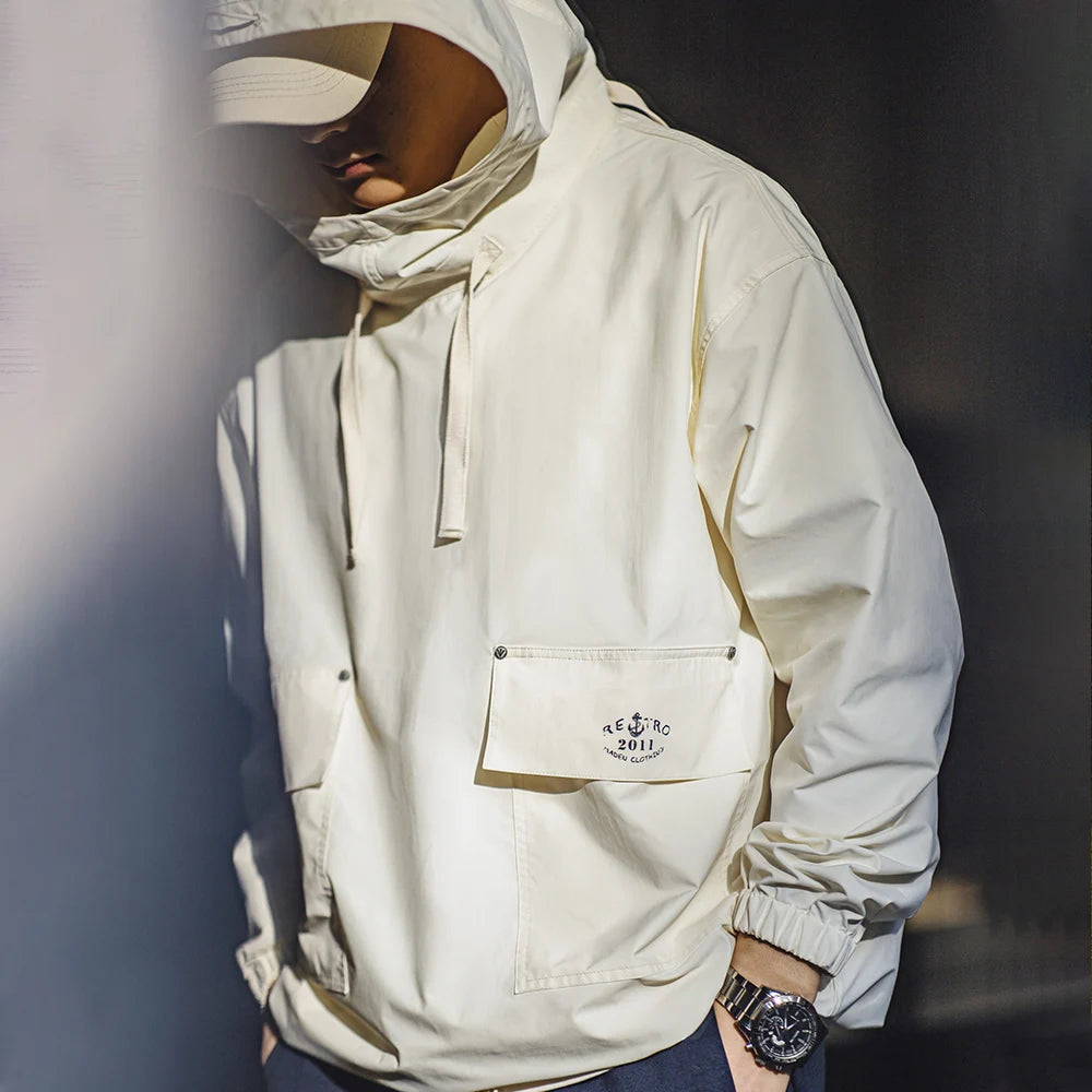 Maden Men's Vintage Deck Smock Hoodies Outdoor Windproof Hoodie Loose Pullover Jacket with Large Pockets Printed Clothing Tops