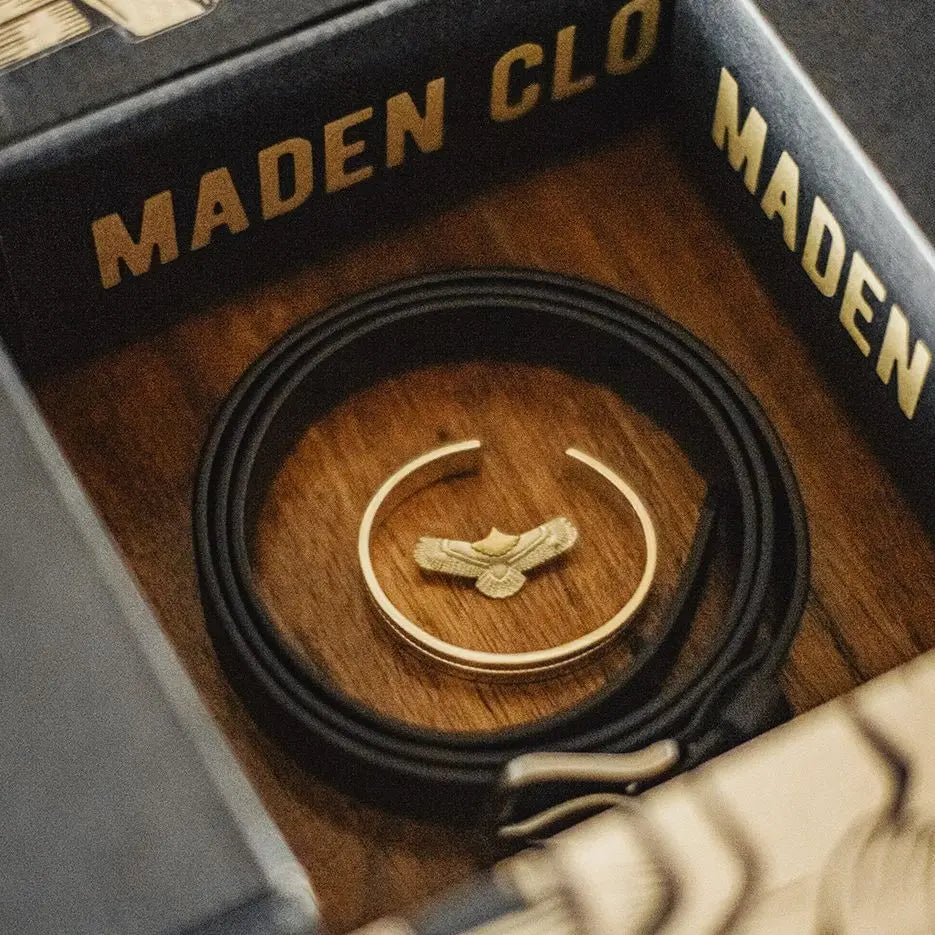 Maden Vintage Gift Set Black Genuine Leather Belt Navajo Cuff Open-Ended Bracelet Indian Eagle Pendant Necklace Gifts for Lover