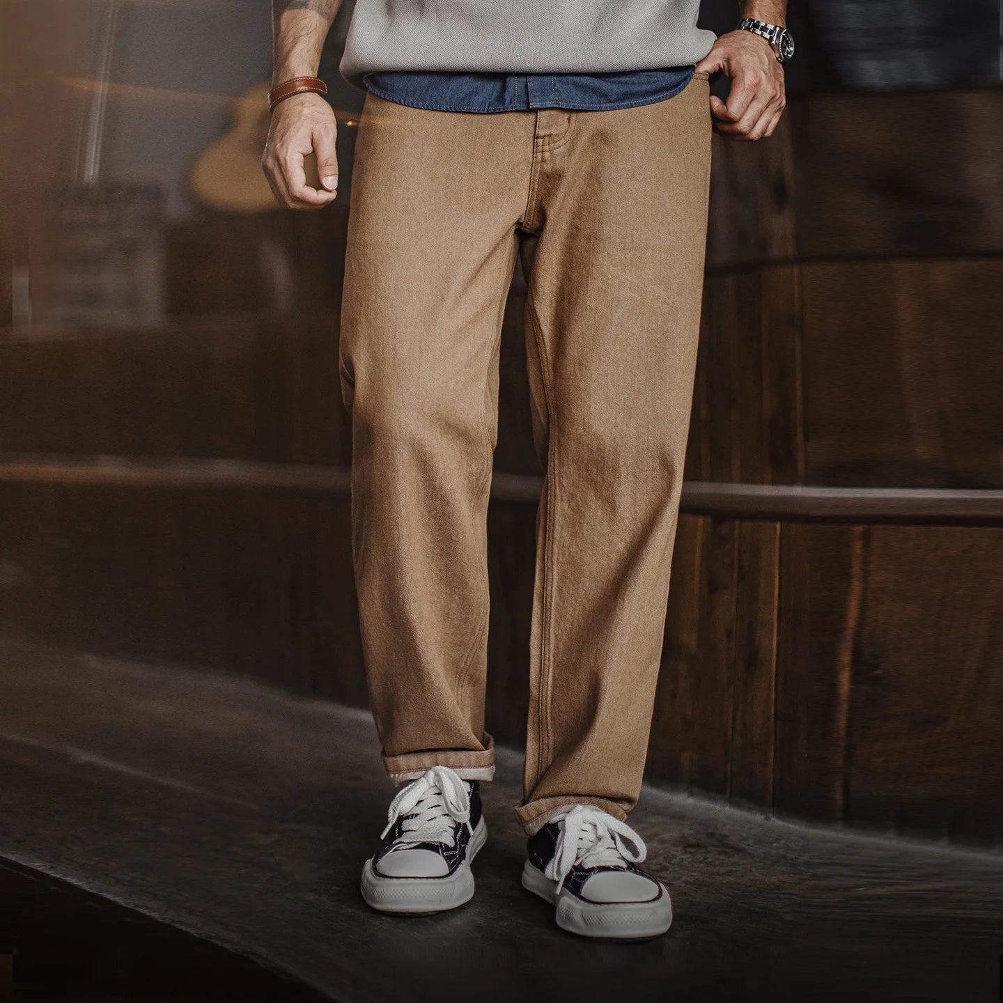 Maden Vintage Men's Washed Brown Jeans Heavyweight Soft Straight-Leg Long Pants Zip Fly Commuting Trousers for Spring Fall