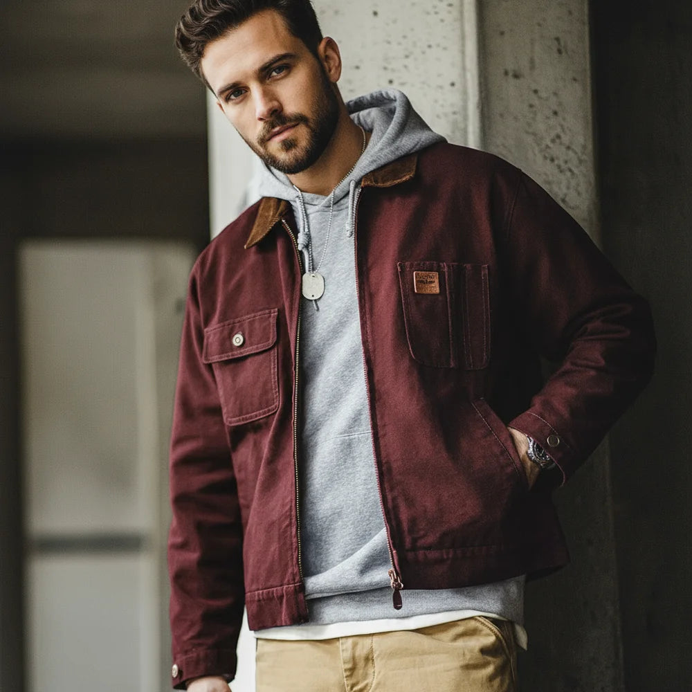 Maden Retro Heavyweight Canvas Detroit Jacket Corduroy Collar Hunting Short Zip-Up Jacket with Pockets Men's Autumn Outerwear