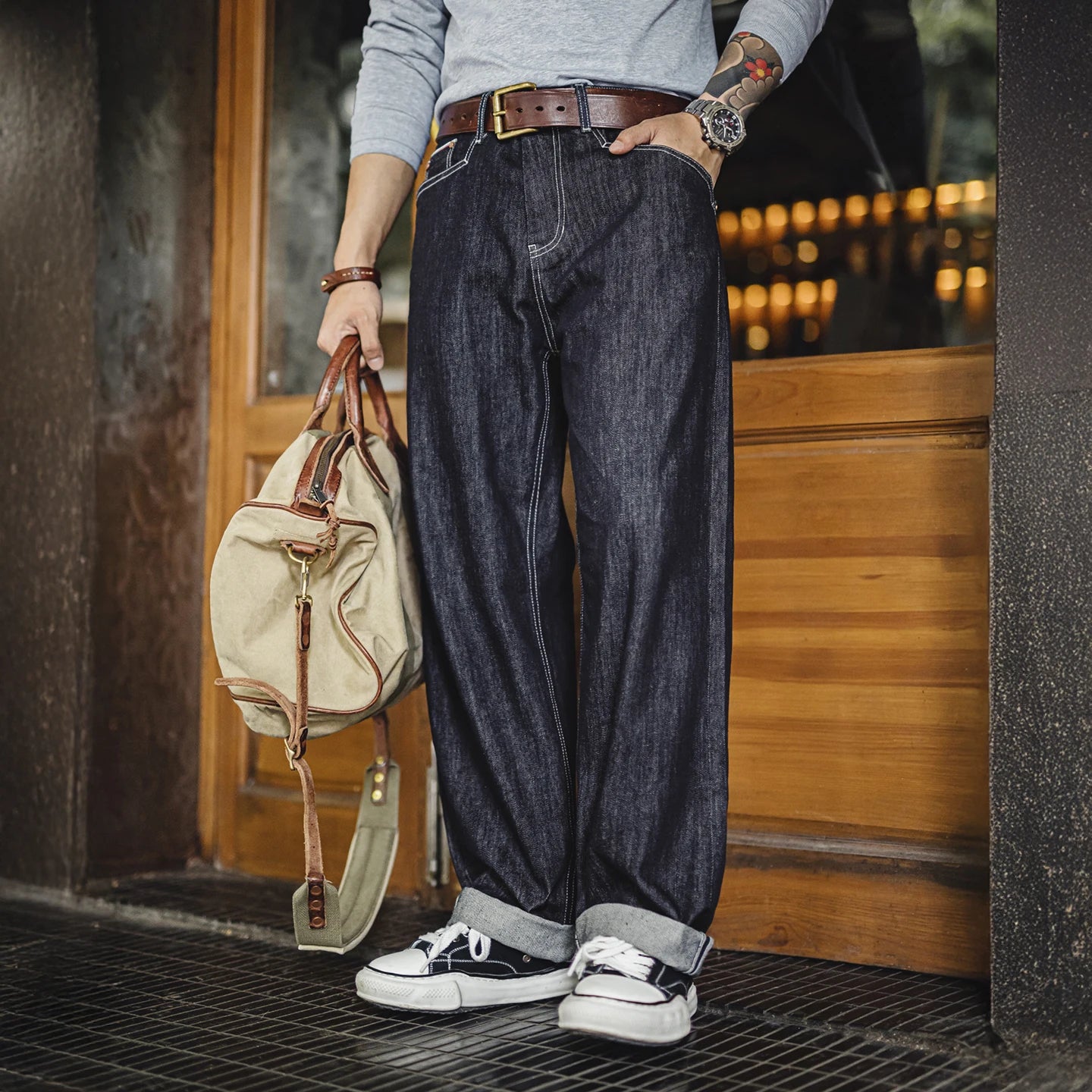 Maden Vintage 12oz One-Washed Denim Jeans for Men Straight Wide Leg Trousers Loose Fit Zip Fly Casual Pants for Fall Winter