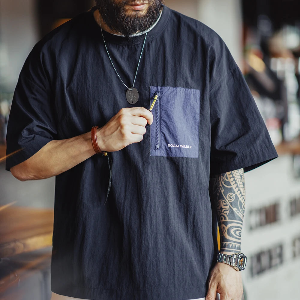 Maden Outdoor Thin Splicing Pocket Design Short-sleeved T-shirt  Polyamide with Breathable Half-sleeved T-shirt for Men's