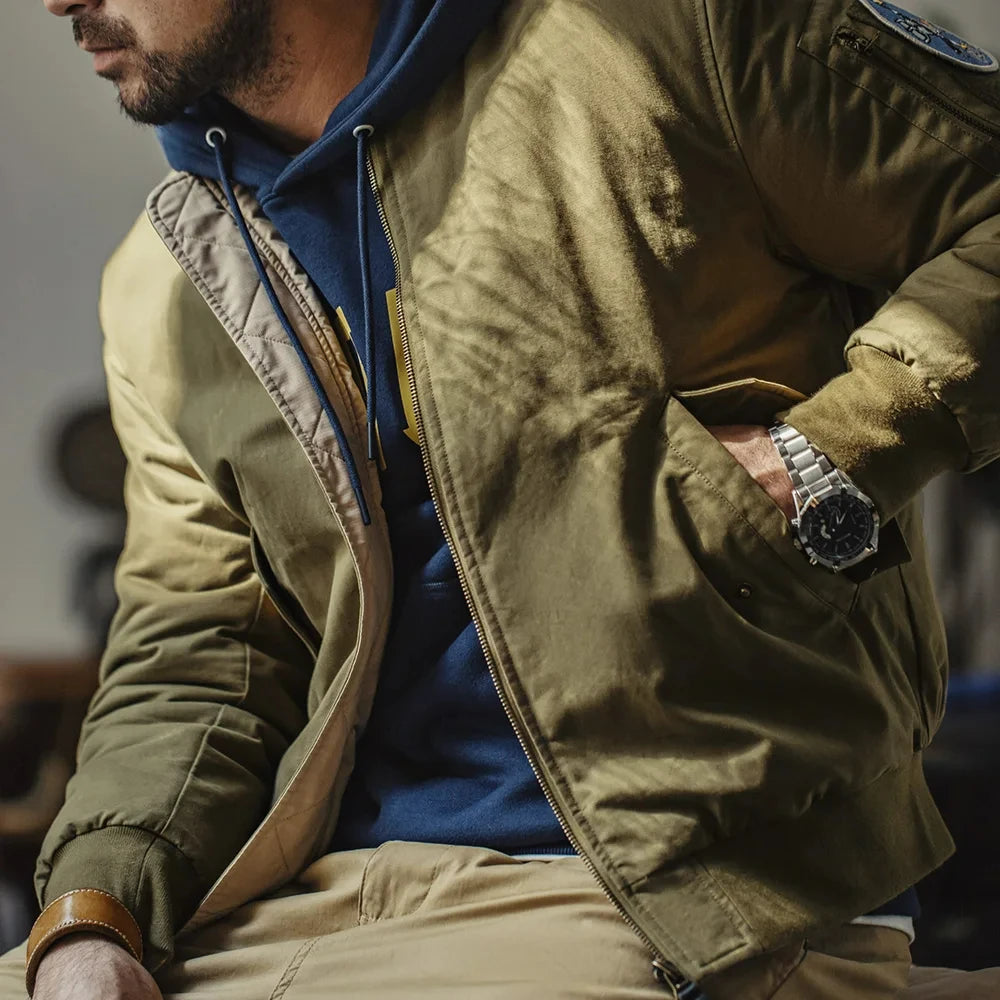 Maden Reversible MA-1 Flight Jackets for Men Baseball Collar Small Square Texture Fall and Winter Thickened Coats Cotton Jacket