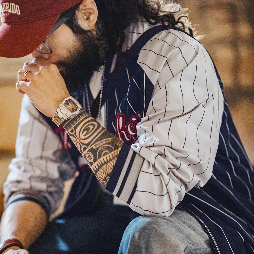 Maden Vintage Striped Baseball Jacket Letter Embroidery Badge Designs Jacket Color-blocking Casual Outerwear for Men's Spring