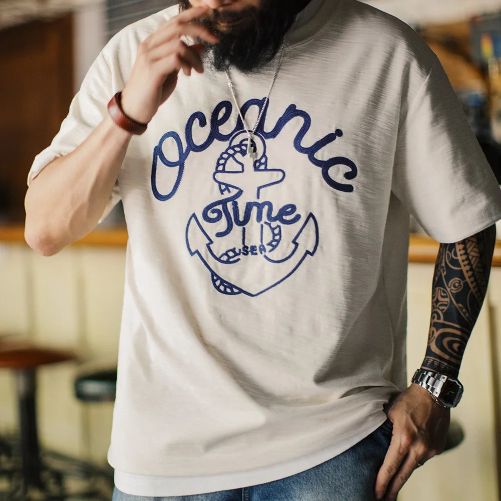 Maden Vintage Embroidered Short Sleeves T-Shirt Men's Summer Beige Slub Cotton Crew Neck Tee Heavyweight Loose Breathable Tops