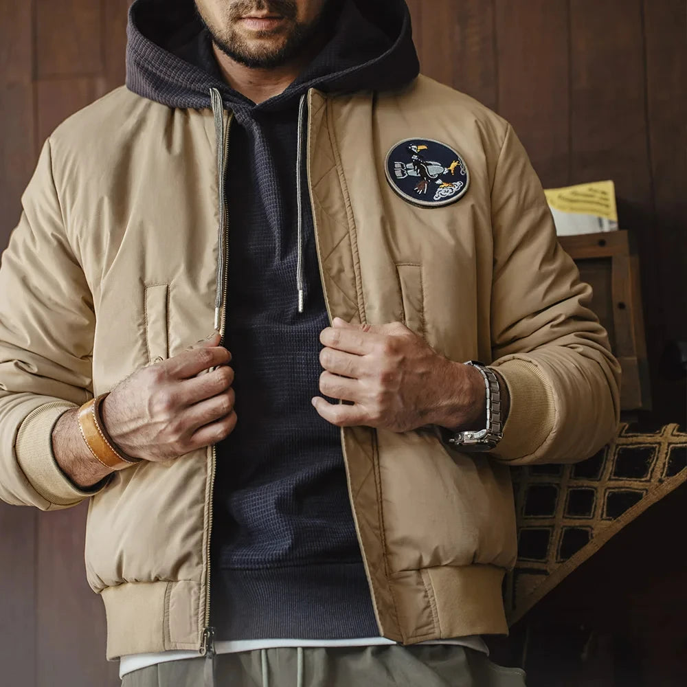 Maden Reversible MA-1 Flight Jackets for Men Baseball Collar Small Square Texture Fall and Winter Thickened Coats Cotton Jacket