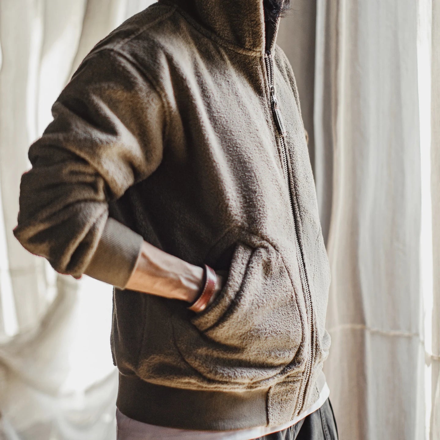 Maden Men’s Khaki Fleece Zip Hoodie Jacket Winter Thick Warm Plush Sherpa Lined Daily Casual Coat