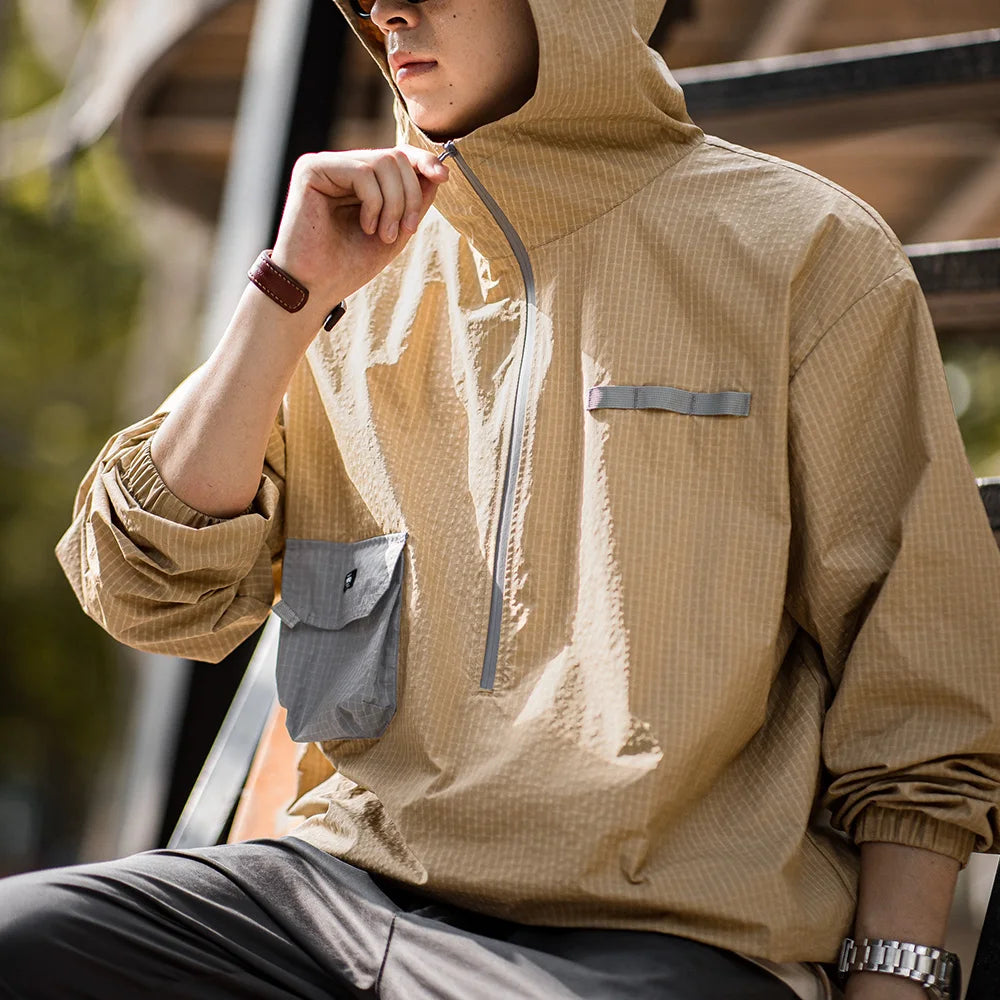 Maden Outdoor Half-Zip Pullover Sweatshirt Jacket Loose Fit Plaid Color Block Lightweight Hoodie with Pocket Men's Autumn Top