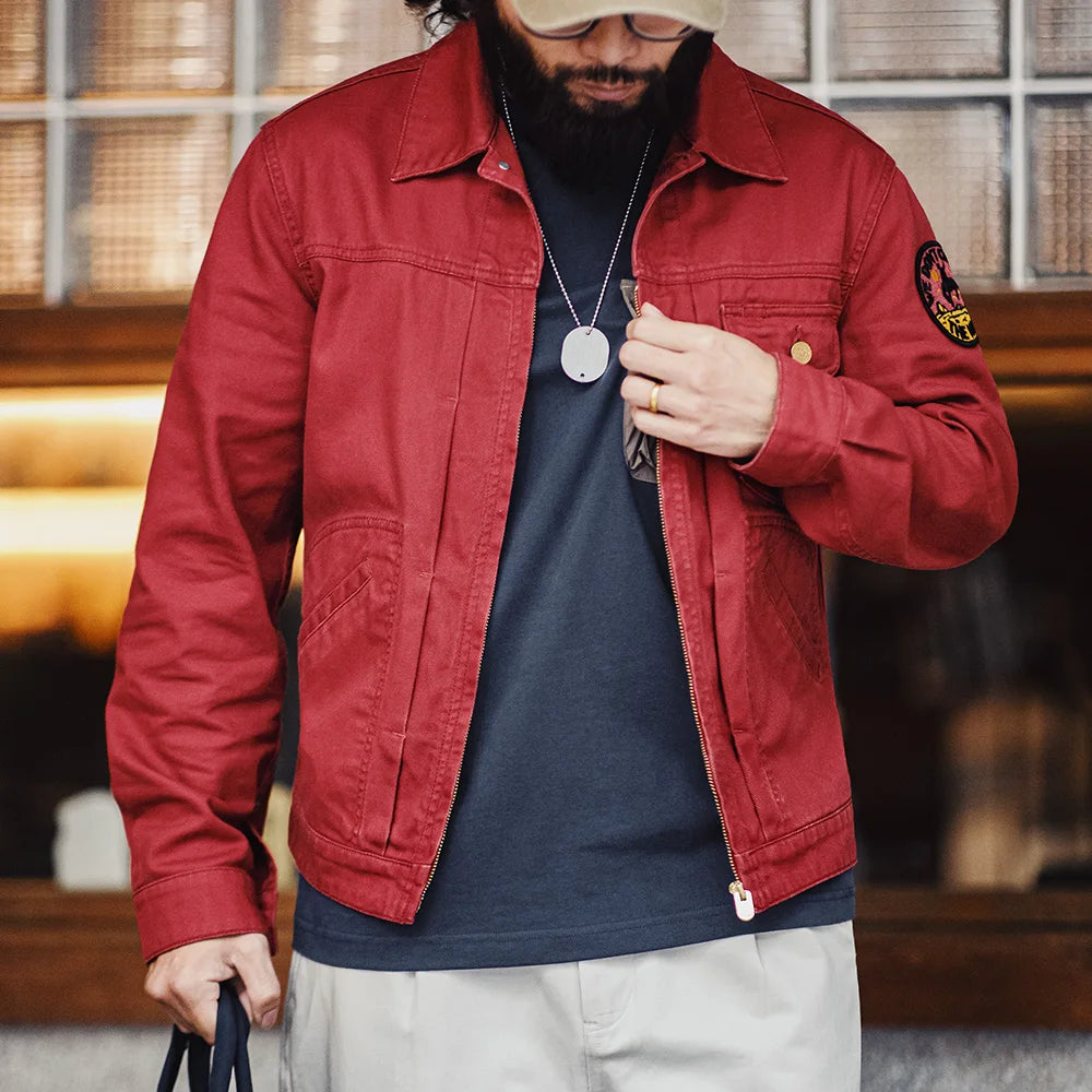 Maden New Vintage Heavy-Duty Letter Embroidered 12MJZ Jacket Red Slim-Fit Canvas Lapel Coat Men's Spring Zip-Up Casual Outerwear