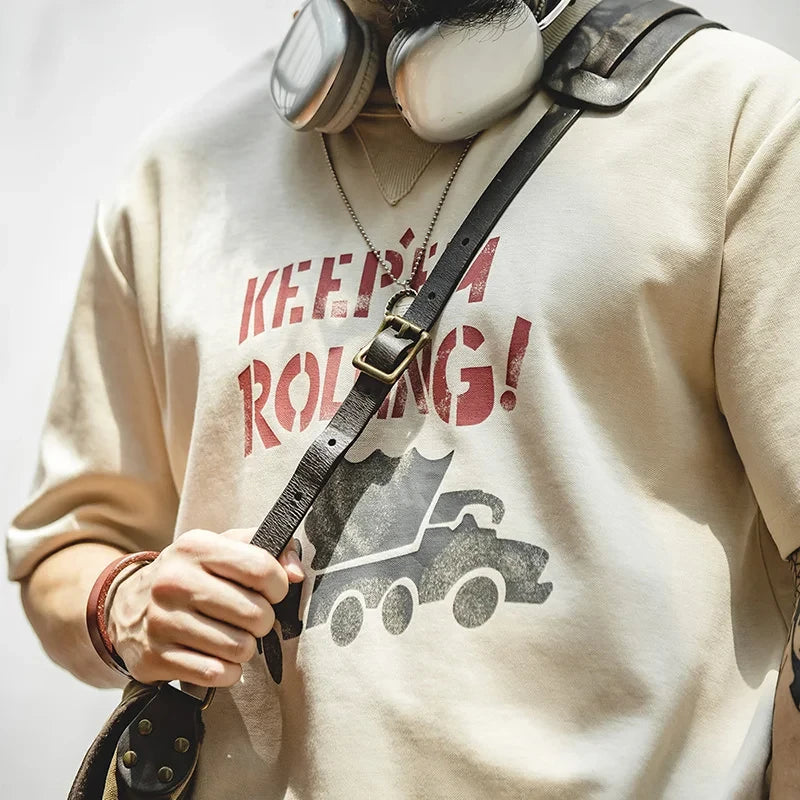 Maden Maden Summer Men's Beige Short Sleeve T-Shirts Vintage Graffiti Letter Car Print Tees Heavyweight Casual  Tops for Men