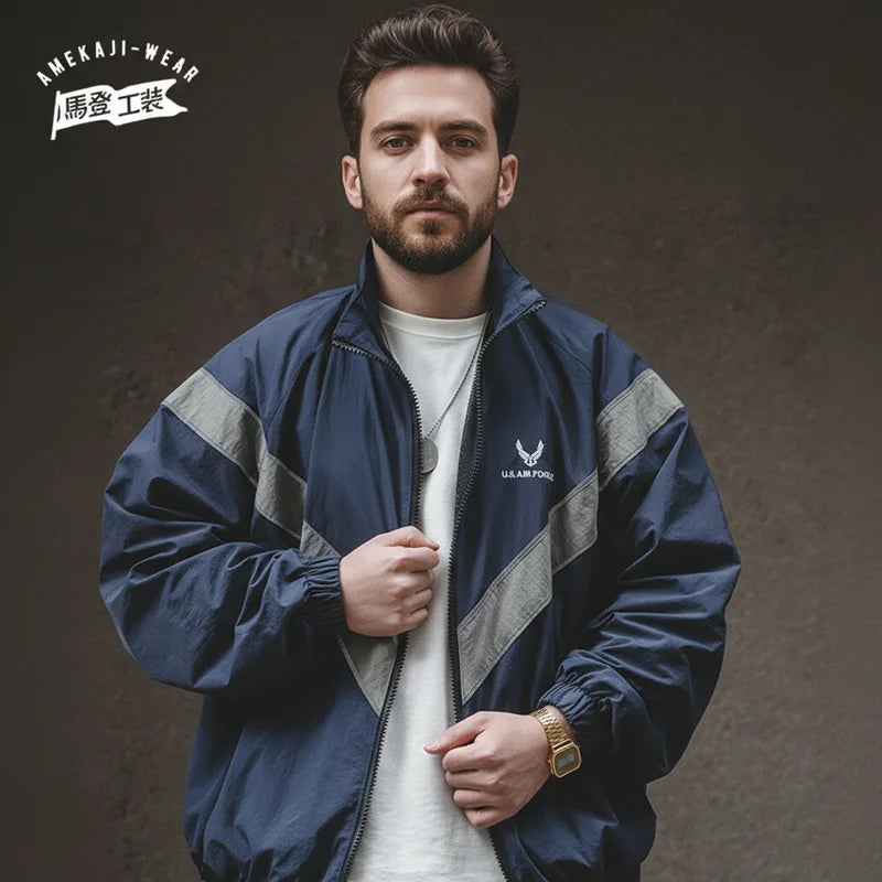 Maden Bomber Jackets For Men Vintage Training Coat Vibe Wind Reflective Hooded Quick-drying Jacket Male Blue