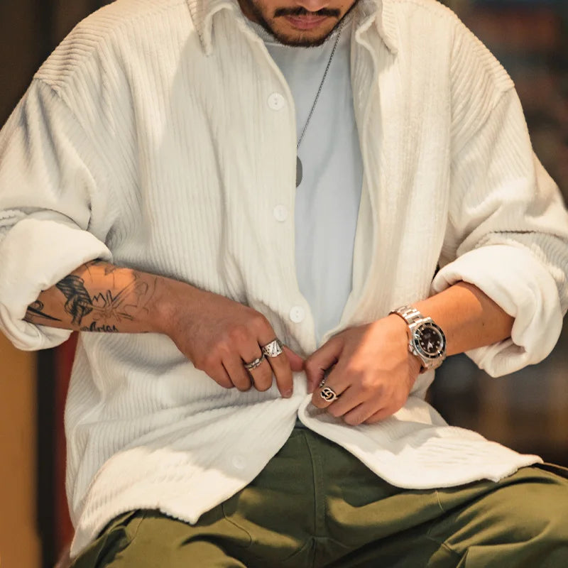 Maden Vintage Jacquard Knit Long Sleeve Shirts for Men Oversized Drop Shoulder Blouse Soft Corduroy Shirt Solid Color Jacket