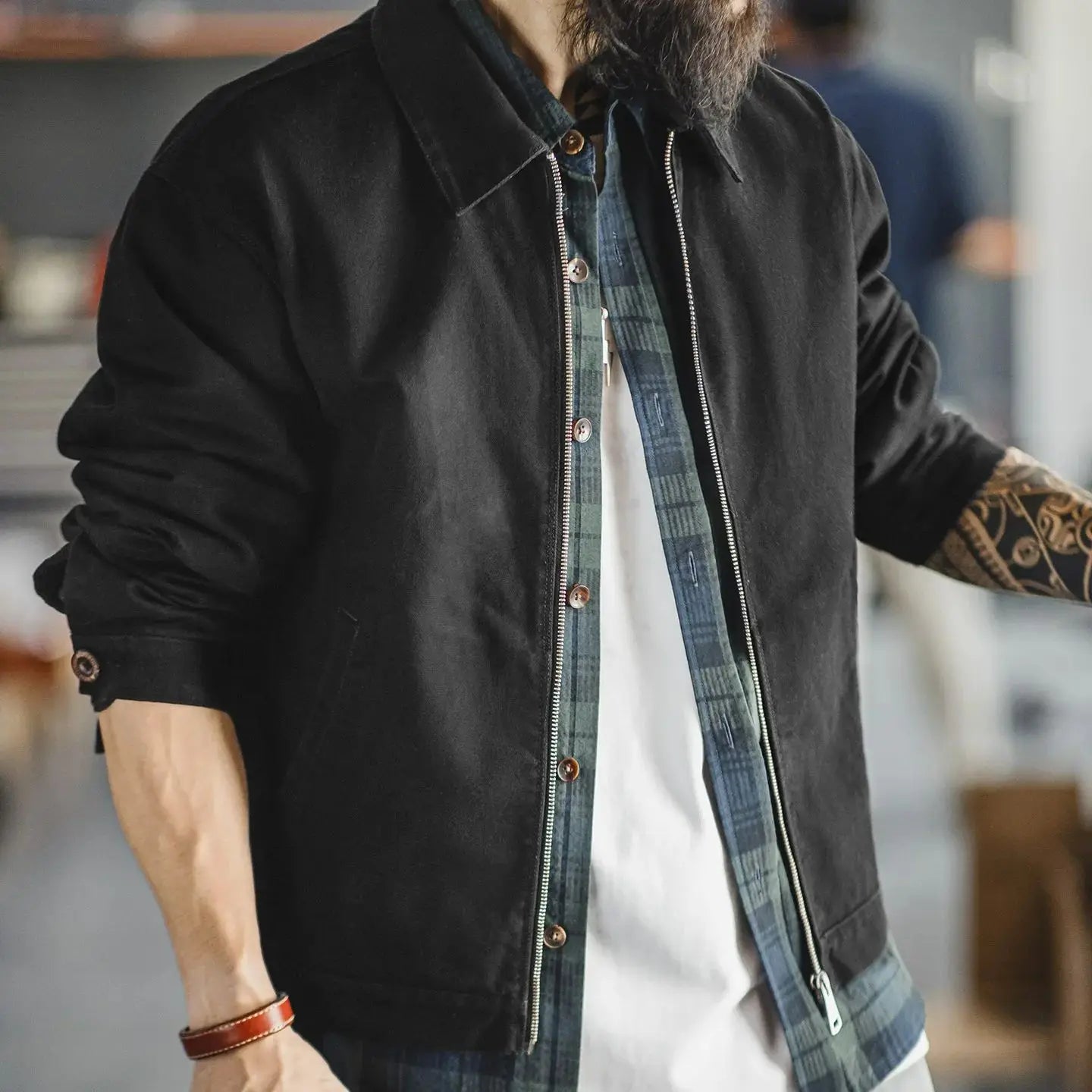 Maden Men's Vintage Ike Jacket Heavyweight Black Cotton Zip-Up Coat Lapel Collar Casual Outdoor Mountain Jacket for Spring Fall