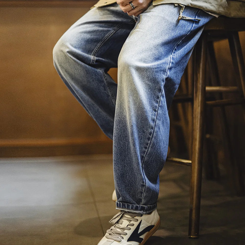 Maden Men's 12.6oz Washed Denim Jeans Large-Size Straight Cotton Jeans with Retro Cat Whiskers Jeans for Spring Versatile Pants