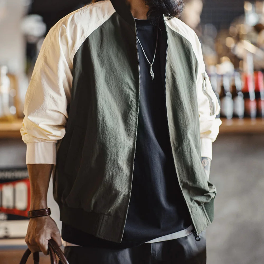 Maden Vintage Contrast-color MA1 Bomber Jacket Short Zip-up Pocket Baseball Jacket Men's Casual Outerwear for Spring and Autumn
