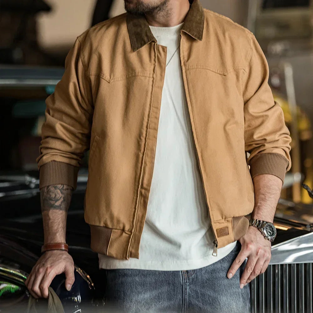 Maden Retro Heavyweight Santafe Canvas Jackets Cotton Corduroy Lapel Ribbed Hem Cuffs Short Jacket for Men's Autumn Overcoat