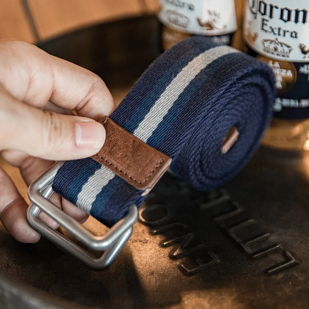 Maden Retro Double-ring Buckle Striped Belt without Punching Woven Canvas Accessories Trouser Belt for Men