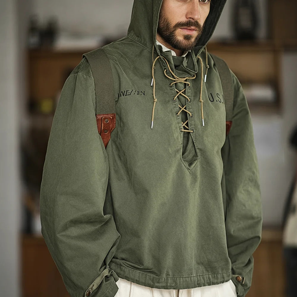 Maden Retro Green Deck Jacket Hooded Sweatshirt wtih Drawstring Collar Cuffs Adjustable Design Windbreaker Pullover for Men