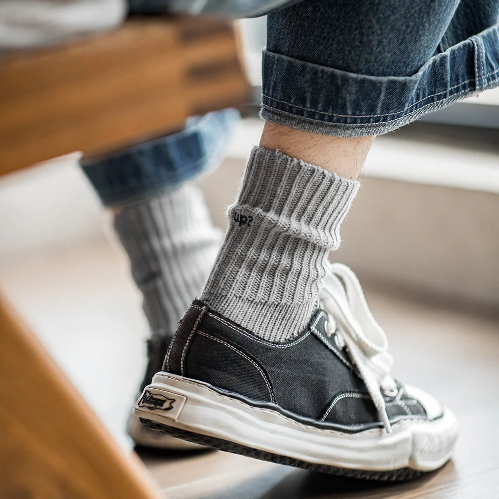 Maden 3 Pack Pairs Vintage Coarse Stitch Embroidery Knit Mid-Calf Socks Sports Breathable Cotton Long Socks Unisex Fall Socks