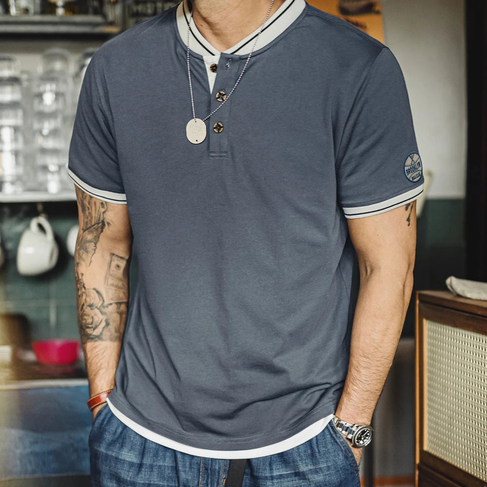 Maden Men's Vintage Baseball Short Sleeve Henley Shirt Heavyweight Contrast Embroidered Tee 100% Cotton Retro Summer T-shirts