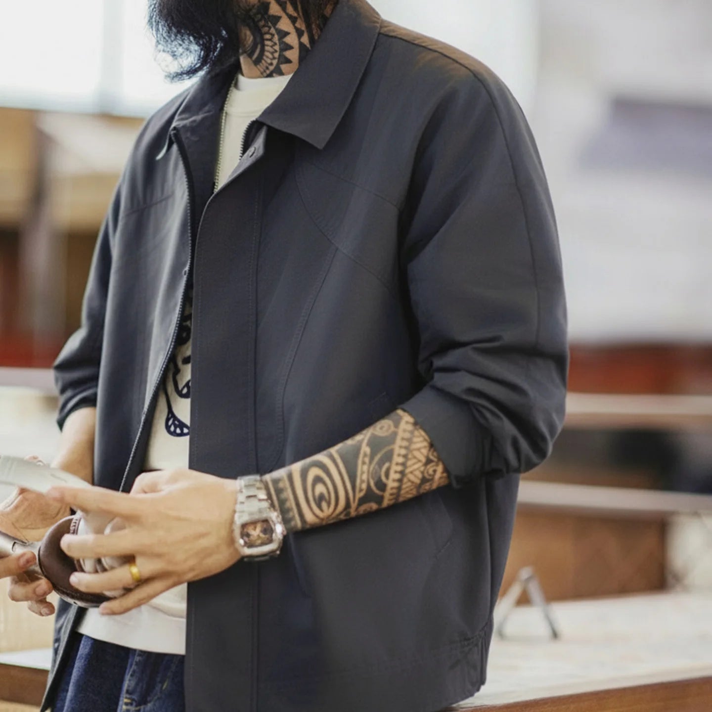 Maden Men's Vintage Outdoor Waterproof Jacket Windproof with Stand Collar Zip Front Lightweight Sporty Coat for Spring Autumn