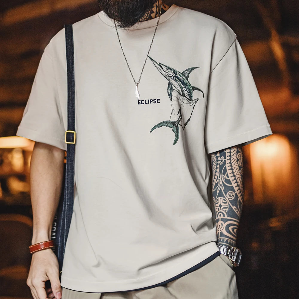 Maden Casual Printed Short Sleeve T-Shirt Men's Summer Loose Fit Heavyweight Cotton Ribbed Round Neck Tee  Versatile Street Tops