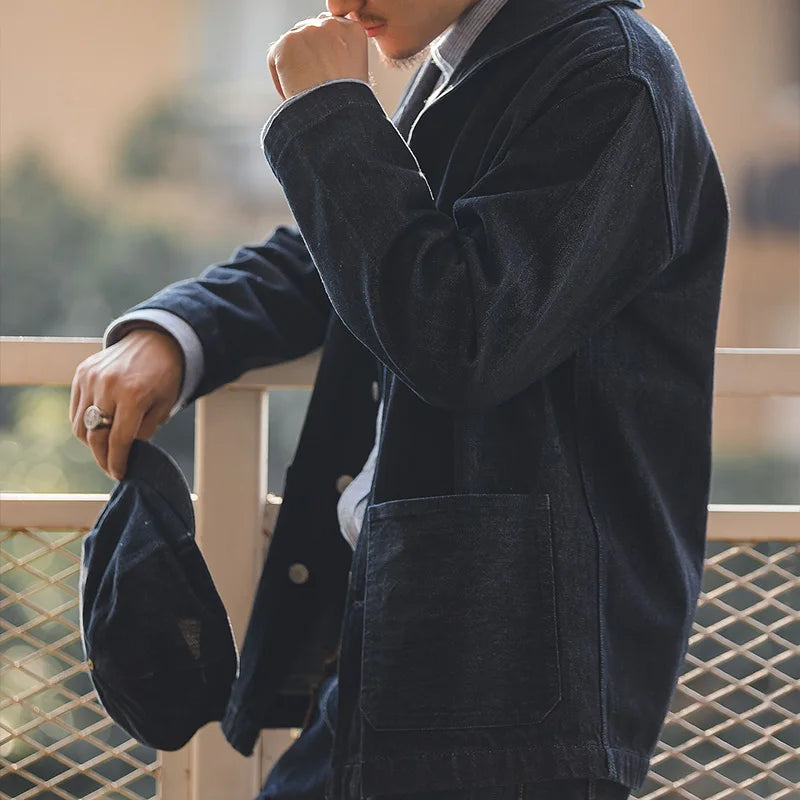 Maden Vintage 13.5oz Denim Jacket for Men Classic Solid Color Collar Cotton Hunting Style with Pockets Coat for Autumn Blazers