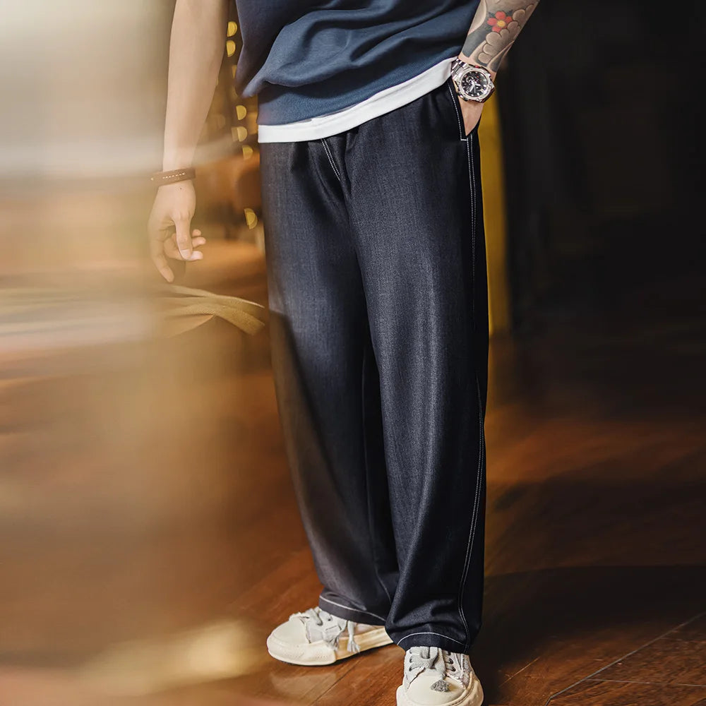 Maden Vintage Draped Non-Iron Black Denim Jeans Men's Spring Casual Drawstring Elastic Waist Loose Trousers Straight Leg Pants