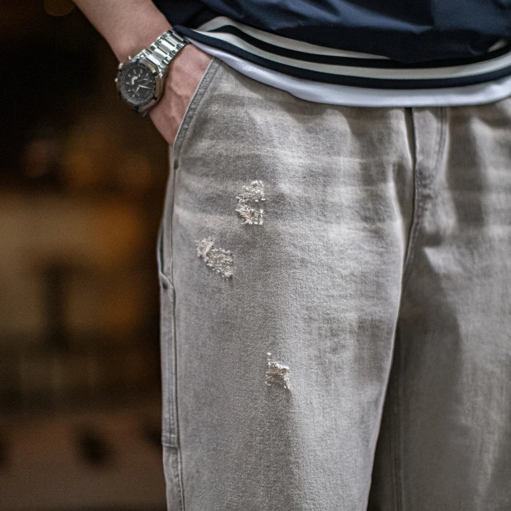 Maden Vintage Heavyweight Washed Gray Jeans Distressed Straight Leg Carpenter Pants Elastic Waist Casual Ripped Denim Trousers