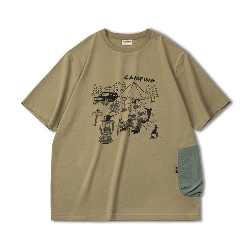 Maden Vintage Summer Short Sleeve T-Shirts Outdoor Camp Fun Print Tees with Waterproof Pocket Casual Loose Fit Tops for Men