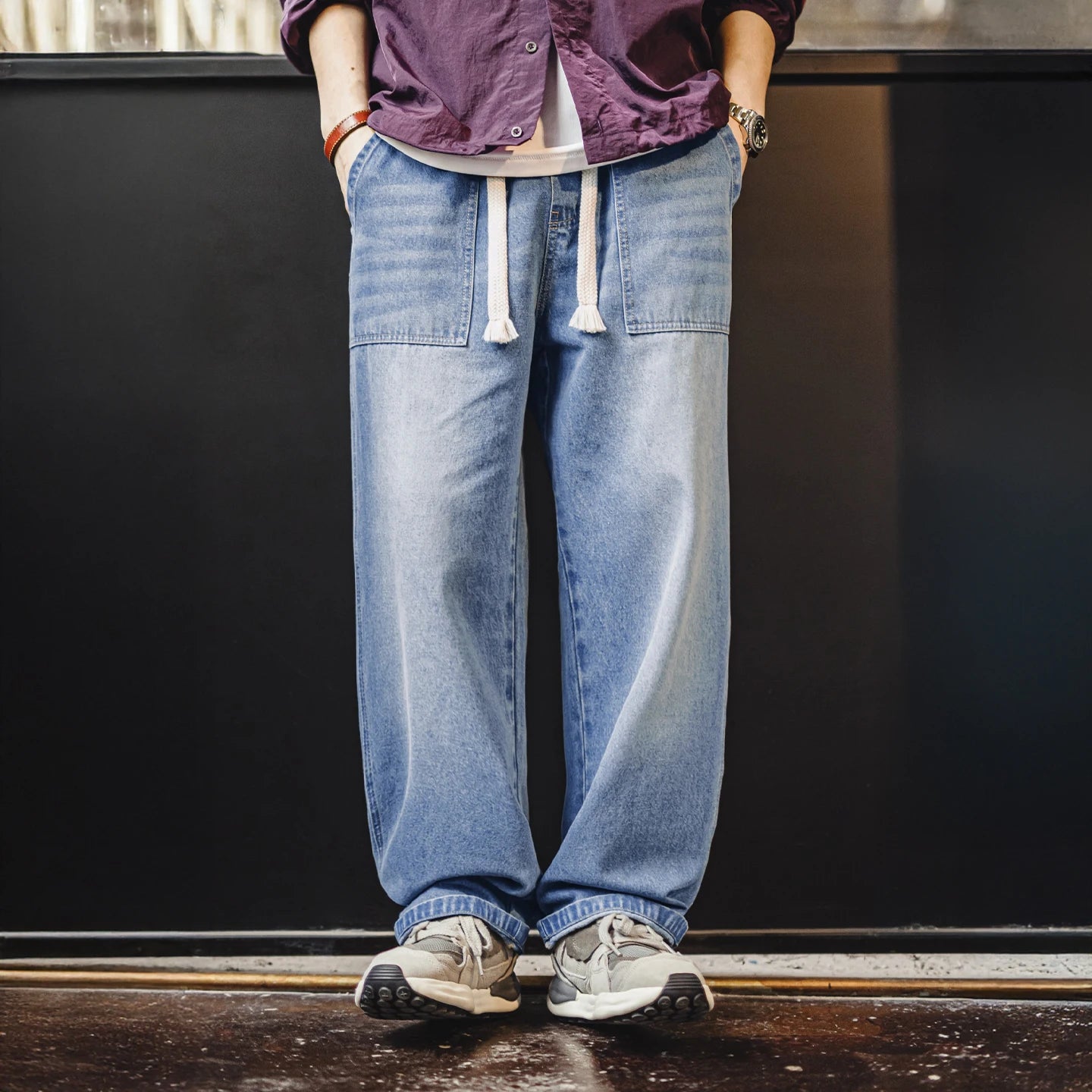 Maden Men's Vintage Baker Jeans Washed Denim Wide Leg Pants Drawstring Elastic Waist Loose Fit Casual Trousers for Spring Fall