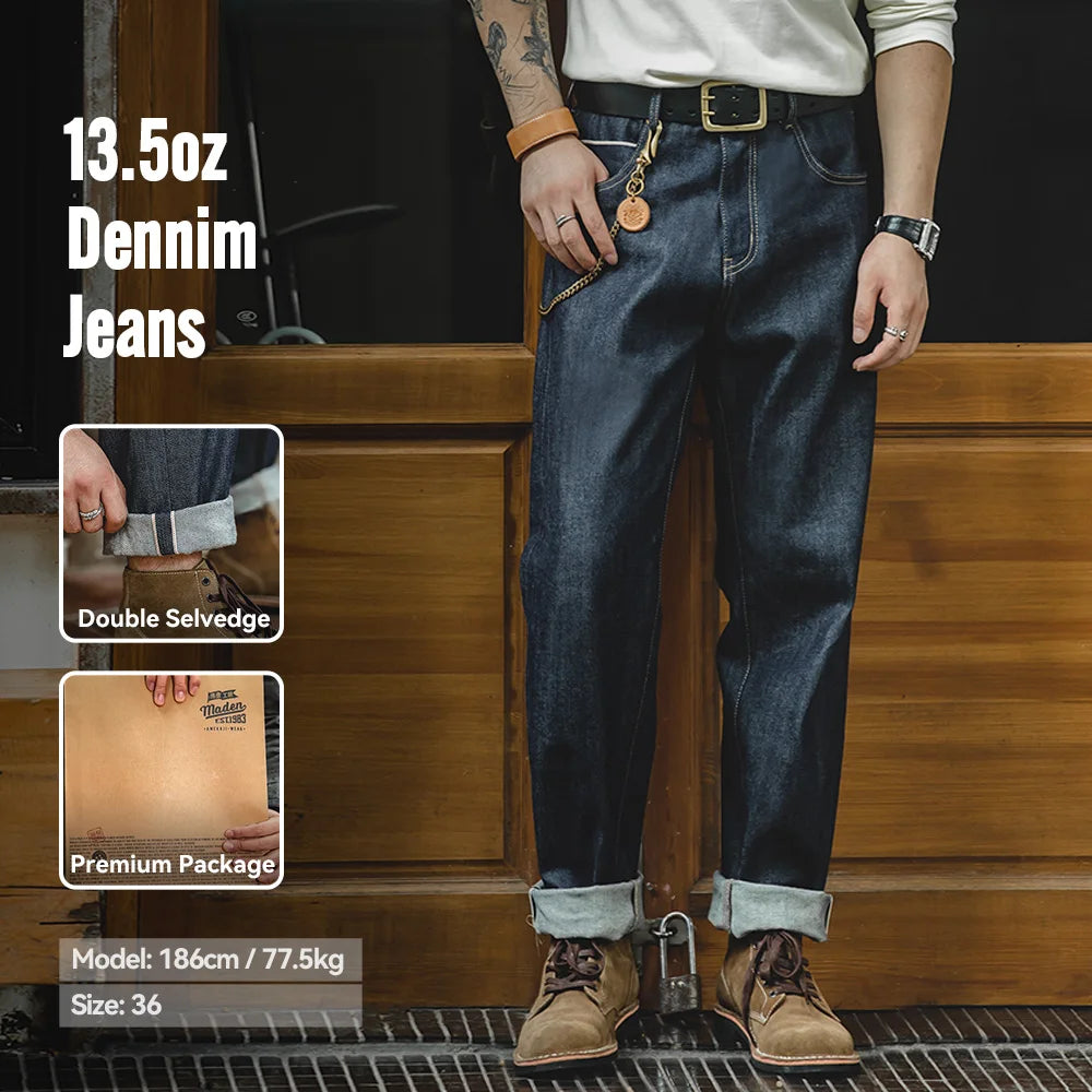 Maden Vintage 13.5oz Heavyweight Selvedge Raw Denim Jeans Men's Straight Fit Cotton Jeans Casual Pocket Trousers Fall Winter