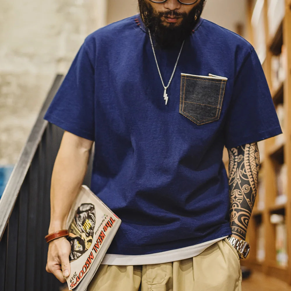 Maden Vintage Indigo Dyed Denim Pocket Patchwork T-Shirt Men's Heavyweight Cotton Short Sleeves Tee Breathable Crew Neck Tops