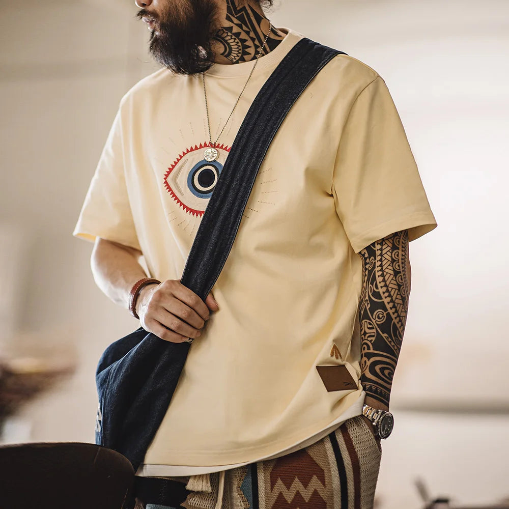 Maden Retro Guardian Eye Embroidered T-shirt with Ribbed Crew Neck 300g/m² Heavy Cotton Short-sleeved Tee for Men's Summer Top