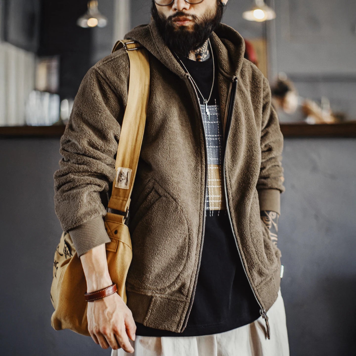 Maden Men’s Khaki Fleece Zip Hoodie Jacket Winter Thick Warm Plush Sherpa Lined Daily Casual Coat