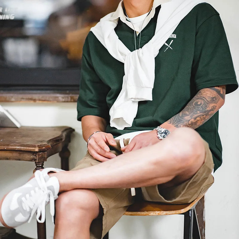 Maden Contrasting Color Short Sleeve T-shirts for Men Summer Green Loose Fit Polo Shirt Casual Embroidery Tee Tops for Daily