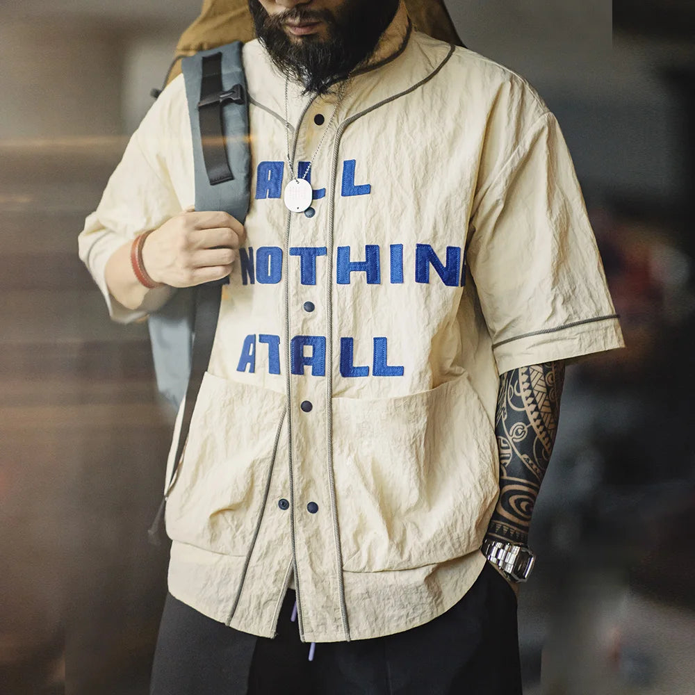 Maden Retro Wrinkled Baseball Collar Shirt Vibe Sports Letter Short-sleeved Cardigan Shirt for Men's Summer Tops