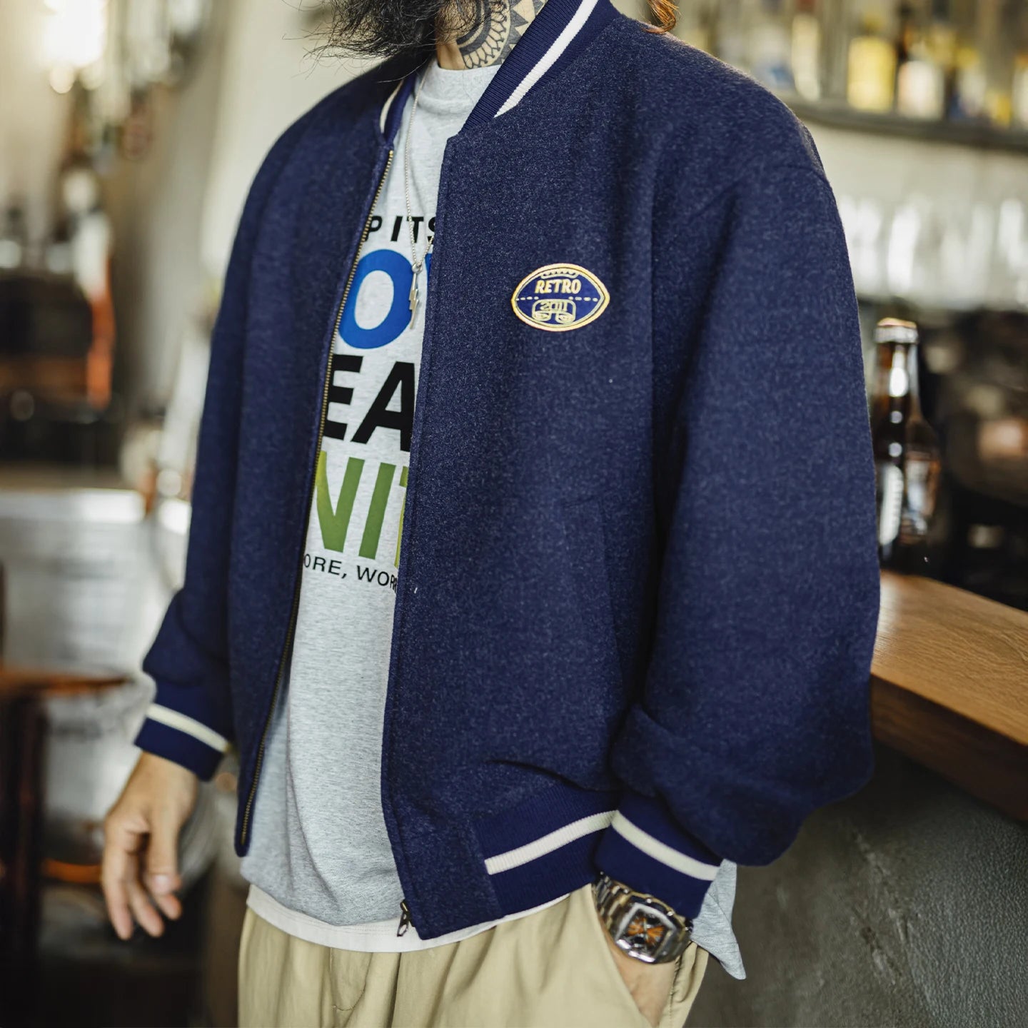 Maden Vintage Men's Blue Baseball Jacket Contrast Embroidery Knit Varsity Coat Short Zip-up Outerwear for Fall Winter Streetwear