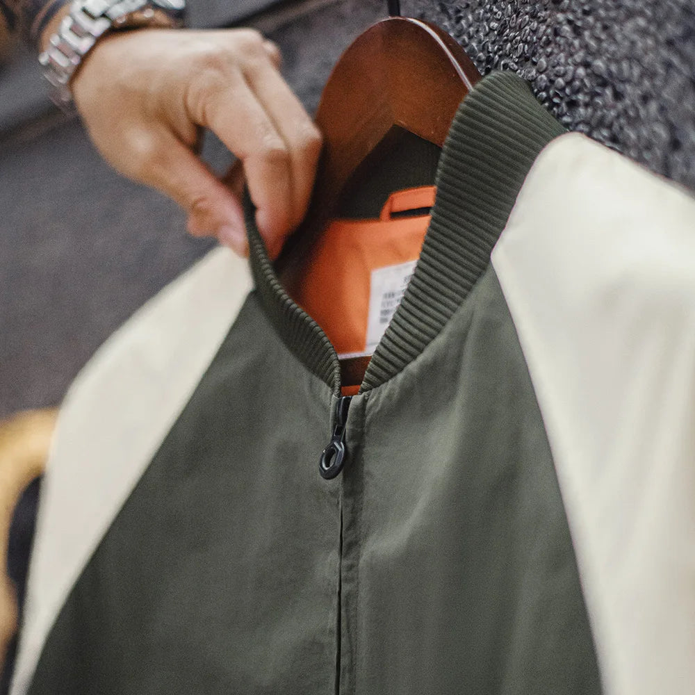 Maden Vintage Contrast-color MA1 Bomber Jacket Short Zip-up Pocket Baseball Jacket Men's Casual Outerwear for Spring and Autumn