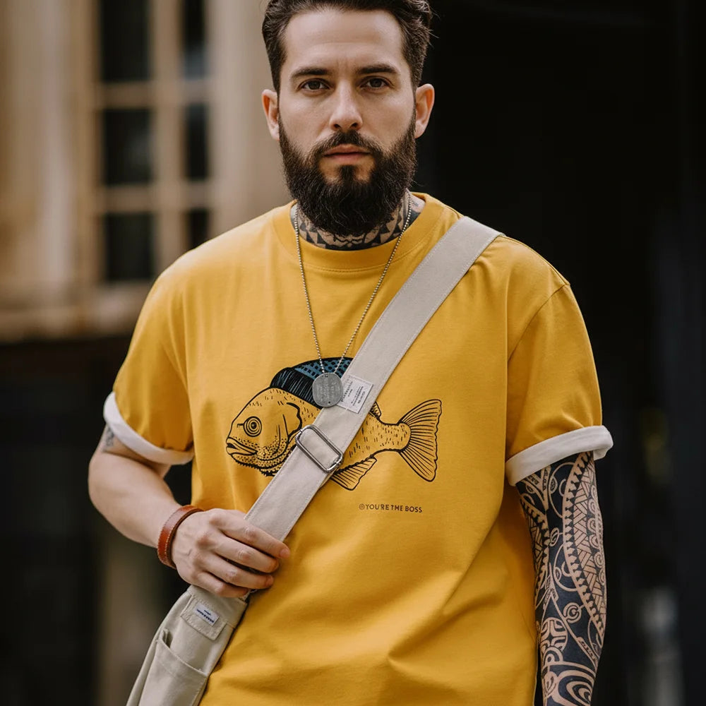 Maden Vintage Flocked Print Short-sleeved T-shirts Animal Pattern Cotton Round Neck Tops for Men's Summer Casual Loose Fit Tee