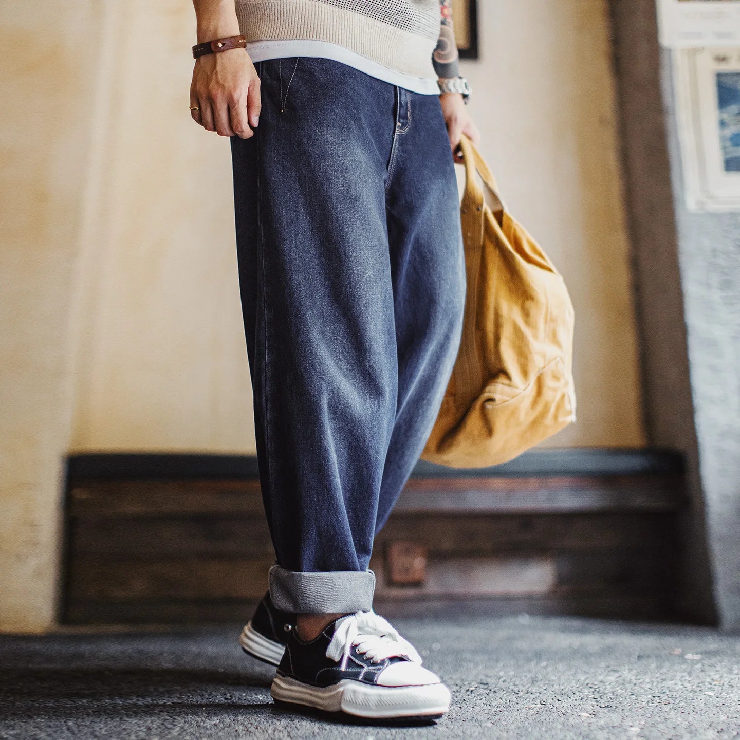 Maden Vintage Men's 13.9oz Baggy Jeans Washed Blue Wide-Leg Denim Pants Zip Fly Casual Trousers with Draped Hem for Fall Winter