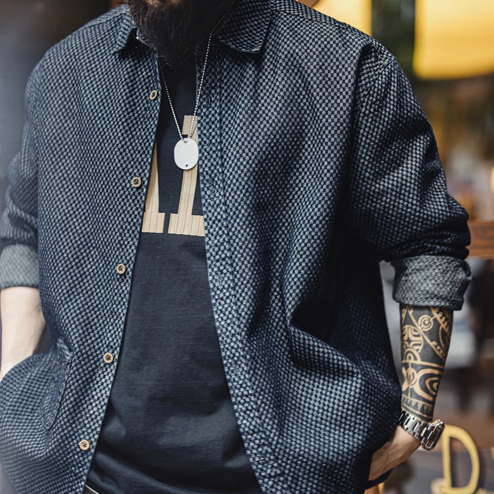 Maden Retro Checkered Long-sleeved Denim Shirt Loose Lapel Single-breasted Jacket for Men Spring and Fall Versatile Outerwear