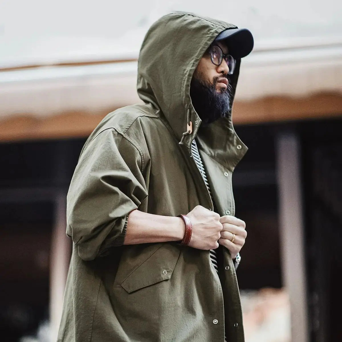 Maden Vintage Green M51 Hooded Jacket Loose Fishtail Short Overcoat Men's Versatile Outwear with Pockets Hidden Button Placket