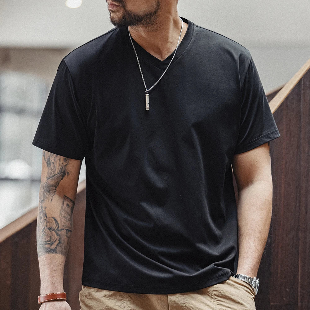 Maden Sorona Quick-drying Sweat-absorbent and Cool Short-sleeved T-shirt V-neck Solid Color Daily Versatile Top for Men's Summer