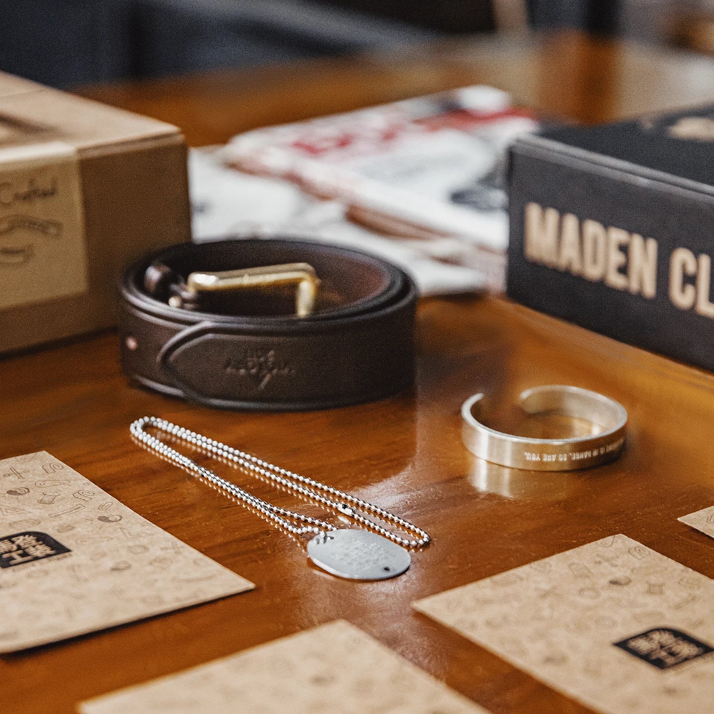 Maden Vintage Gift Set Genuine Leather Belts Letter Engraved Pendant Necklaces Adjustable Letter Copper Bracelets for Lover Dad