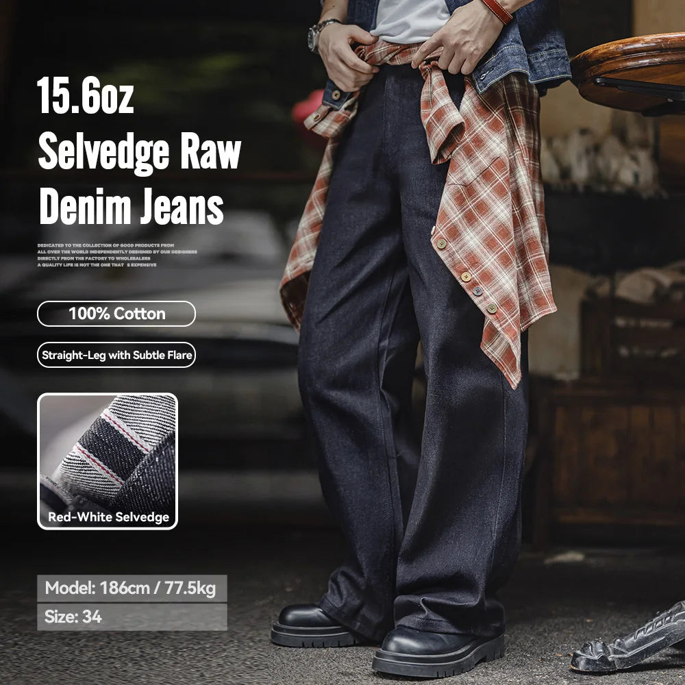 Maden Vintage 15.6oz Selvedge Raw Denim Jeans Heavyweight Blue Loose Fit Wide-Leg Jeans Zip Fly Cotton Trousers for Spring Fall