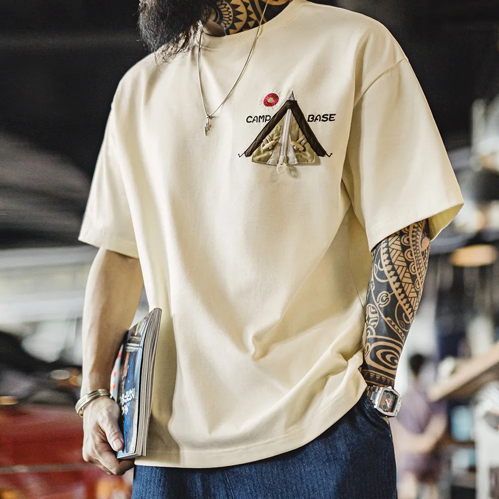 Maden Vintage Embroidered Patchwork Short Sleeves T-Shirt Men's Heavyweight Loose Cotton Tee Ribbed Crew Neck Retro Casual Tops