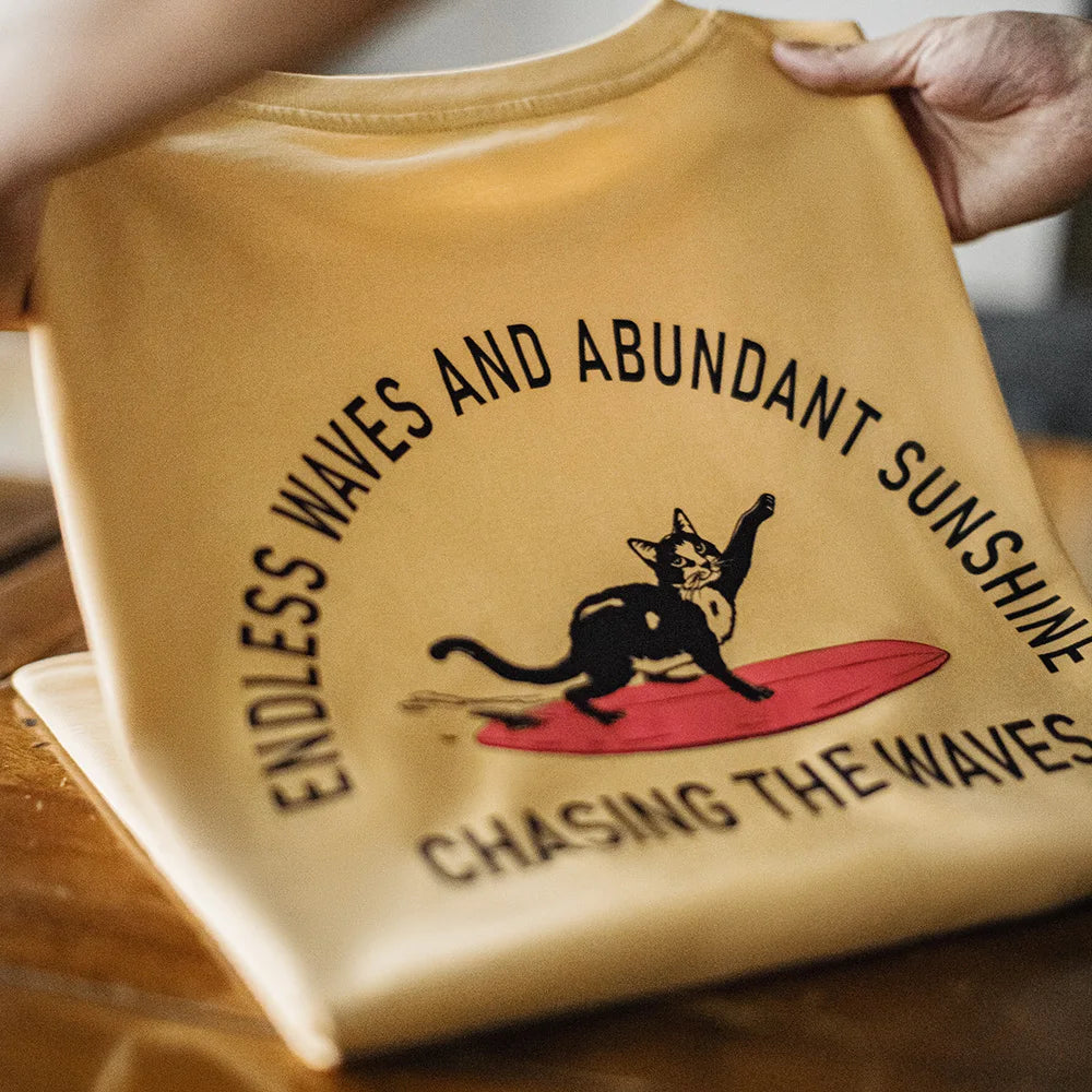 Maden Vintage Foam Print Short Sleeves T-Shirt Men's Summer Heavyweight Yellow Cotton Tee Loose Fit Crew Neck Casual Street Tops