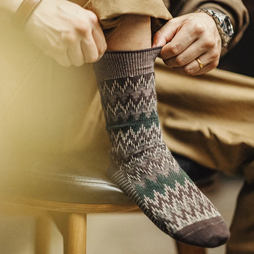 Maden Retro 3 Pairs Knitted Mid-calf Socks Ethnic Style Contrast Color Versatile Long Socks for Men's and Women's Autumn Socks