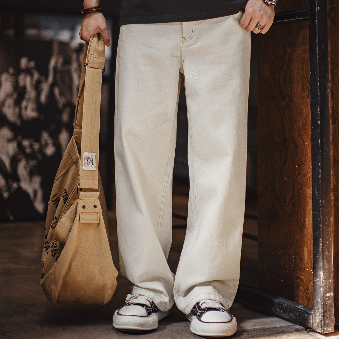 Maden Men's Vintage Heavyweight Washed White Jeans Straight 100% Cotton CleanFit Casual Pants with Zip Fly for Spring and Autumn